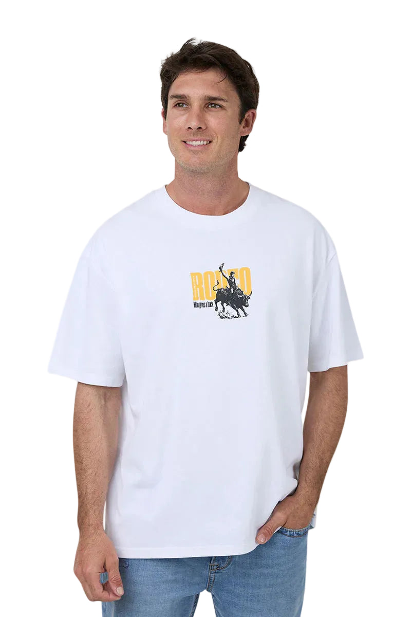 Man wearing a white t-shirt with a graphic design on a white background