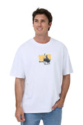 Man wearing a white t-shirt with a graphic design on a white background