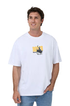 Man wearing a white t-shirt with a graphic design on a white background
