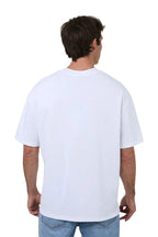 A man viewed from the back wearing a plain white short-sleeve crewneck t-shirt and light blue jeans, set against a solid white background.