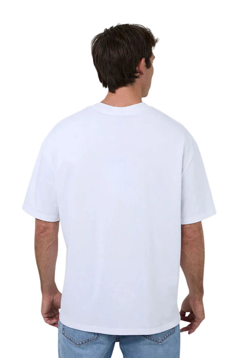 A man viewed from the back wearing a plain white short-sleeve crewneck t-shirt and light blue jeans, set against a solid white background.