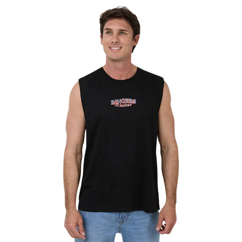 A man wearing a black sleeveless muscle tank top with a small graphic on the chest, paired with blue jeans, against a white background.