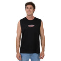 A man wearing a black sleeveless muscle tank top with a small graphic on the chest, paired with blue jeans, against a white background.