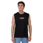 A man wearing a black sleeveless muscle tank top with a small graphic on the chest, paired with blue jeans, against a white background.
