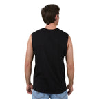 Man wearing a black sleeveless shirt on a white background