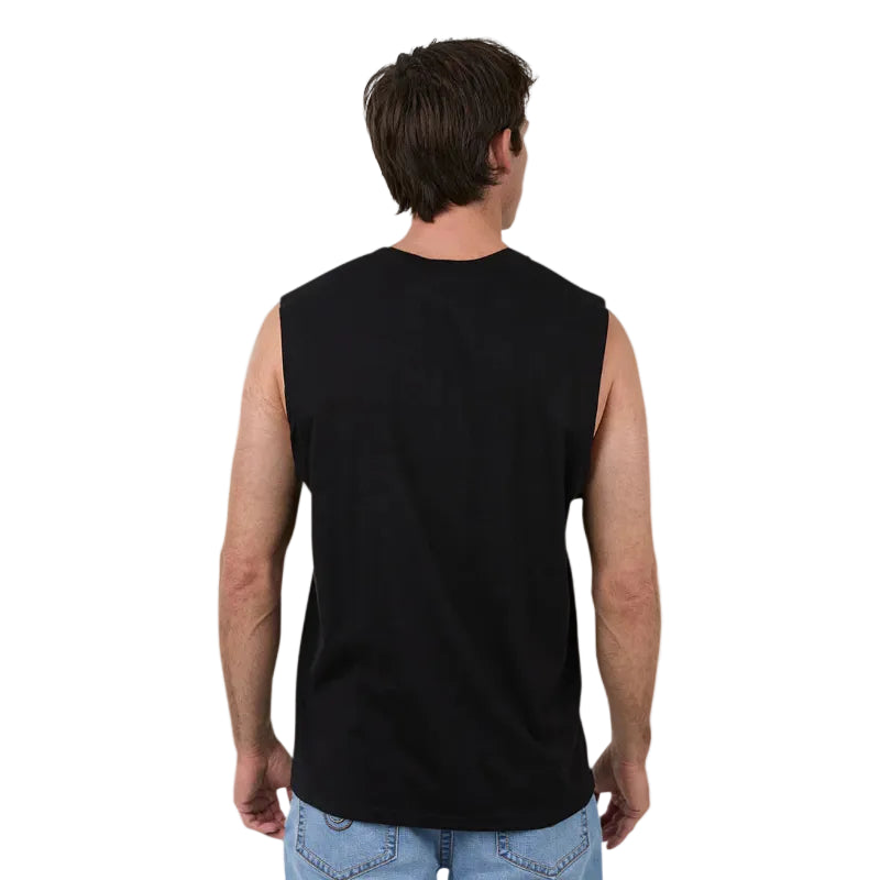 Man wearing a black sleeveless shirt on a white background
