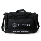 A black Ringers Western Rider Go Sports Bag (625130RW) duffel bag with white branding text and logo, featuring top handles, a shoulder strap, and multiple zippered compartments, photographed against a plain white background.