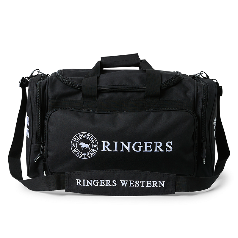 A black Ringers Western Rider Go Sports Bag (625130RW) duffel bag with white branding text and logo, featuring top handles, a shoulder strap, and multiple zippered compartments, photographed against a plain white background.
