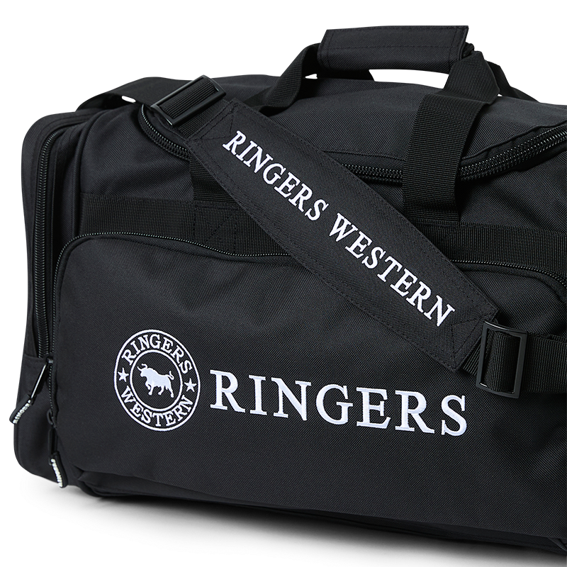 A black Ringers Western Rider Go Sports Bag (625130RW) duffel bag with white printed branding, featuring a prominent shoulder strap with 'RINGERS WESTERN' and a large 'RINGERS' logo on the front pocket.