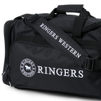 A black Ringers Western Rider Go Sports Bag (625130RW) duffel bag with white printed branding, featuring a prominent shoulder strap with 'RINGERS WESTERN' and a large 'RINGERS' logo on the front pocket.