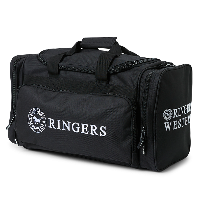A black Ringers Western Rider Go Sports Bag (625130RW) duffel bag with white printed branding for 'Ringers Western' on the front and side, featuring top carry handles and multiple zippered compartments, photographed on a plain white background.