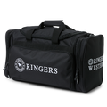 A black Ringers Western Rider Go Sports Bag (625130RW) duffel bag with white printed branding for 'Ringers Western' on the front and side, featuring top carry handles and multiple zippered compartments, photographed on a plain white background.