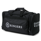 A black Ringers Western Rider Go Sports Bag (625130RW) duffel bag with white printed branding for 'Ringers Western' on the front and side, featuring top carry handles and multiple zippered compartments, photographed on a plain white background.