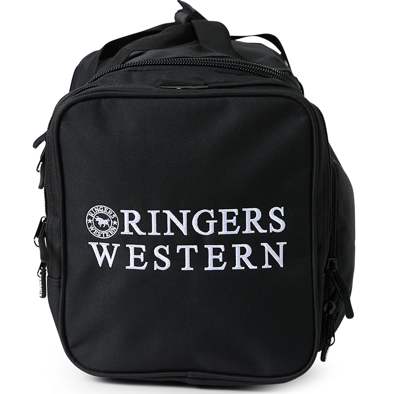 An end view of a black Ringers Western Rider Go Sports Bag (625130RW) duffel bag with white printed branding, on a white background.