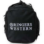 An end view of a black Ringers Western Rider Go Sports Bag (625130RW) duffel bag with white printed branding, on a white background.