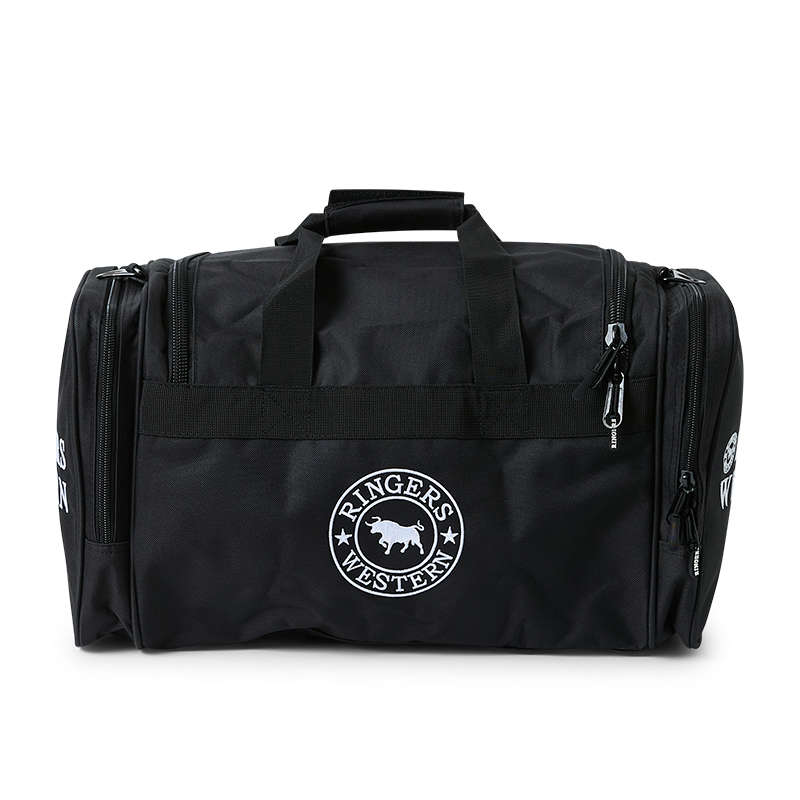 A back view of a black Ringers Western Rider Go Sports Bag (625130RW) duffel bag with white printed branding and top and side zippered compartments on a black background.