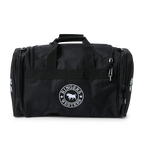 A back view of a black Ringers Western Rider Go Sports Bag (625130RW) duffel bag with white printed branding and top and side zippered compartments on a black background.