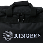 A close up of a black Ringers Western Rider Go Sports Bag (625130RW) duffel bag with white printed branding, featuring top handles and zip detail, and a large 'RINGERS' logo on the front pocket on a white background.