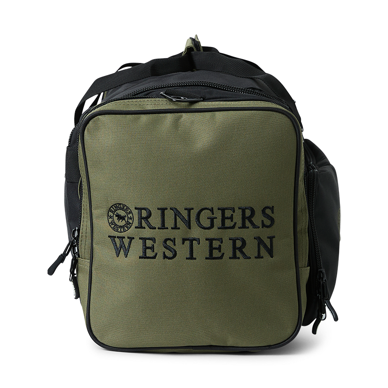 An and view of a black and army Ringers Western Rider Go Sports Bag (625130RW)  duffel bag with 'Ringers' branding, photographed on a clean white background.