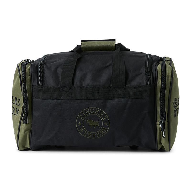 A back view of a black and army Ringers Western Rider Go Sports Bag (625130RW)  duffel bag with 'Ringers' branding, top handles and zippered top and end pockets, photographed on a clean white background.