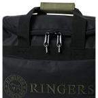 Close-up detail of the handles and top zip of a black and army Ringers Western Rider Go Sports Bag (625130RW) duffel bag with 'Ringers' branding on the front, photographed on a clean white background.