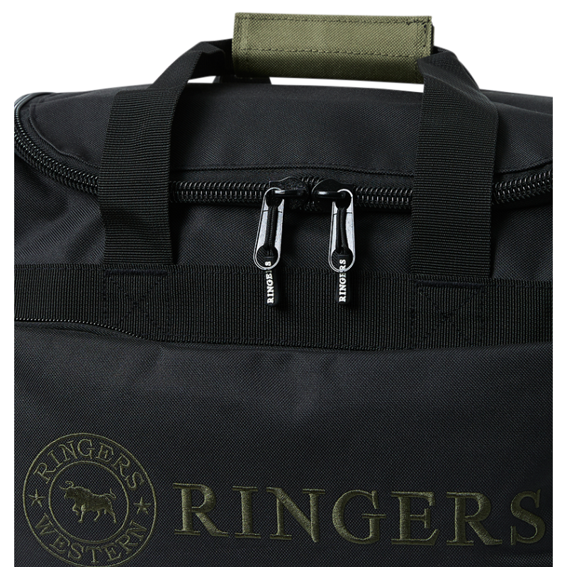 Close-up detail of the handles and top zip of a black and army Ringers Western Rider Go Sports Bag (625130RW) duffel bag with 'Ringers' branding on the front, photographed on a clean white background.
