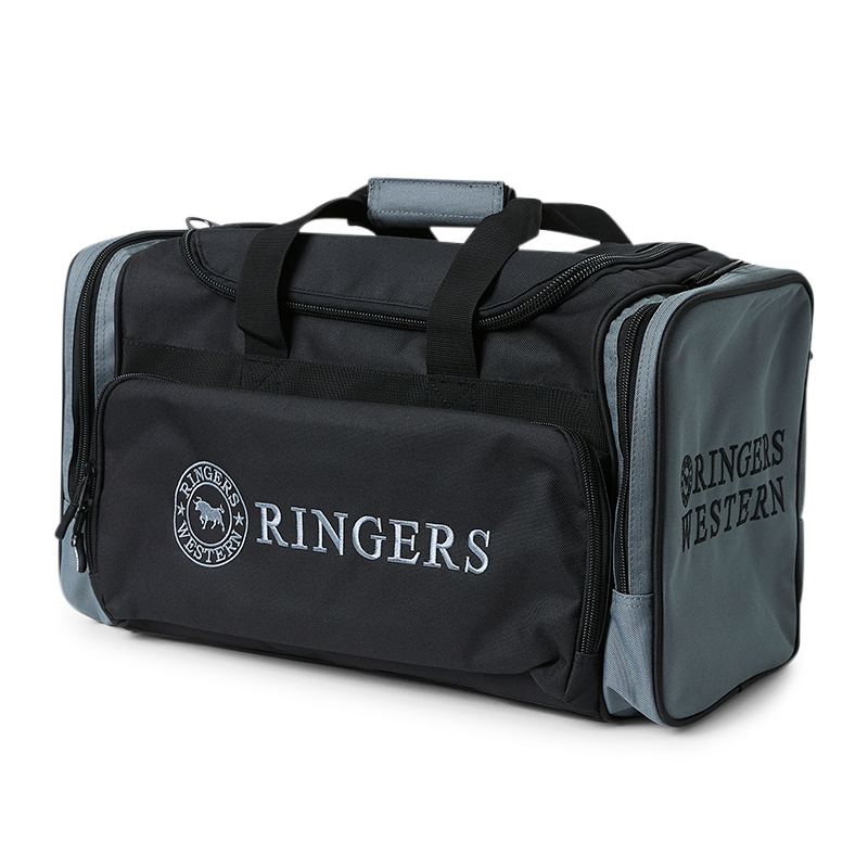 A black and charcoal Ringers Western Rider Go Sports Bag (625130RW) duffel bag with 'RINGERS' printed in charcoal on the front and 'RINGERS WESTERN' on the side, shown on a plain white background.