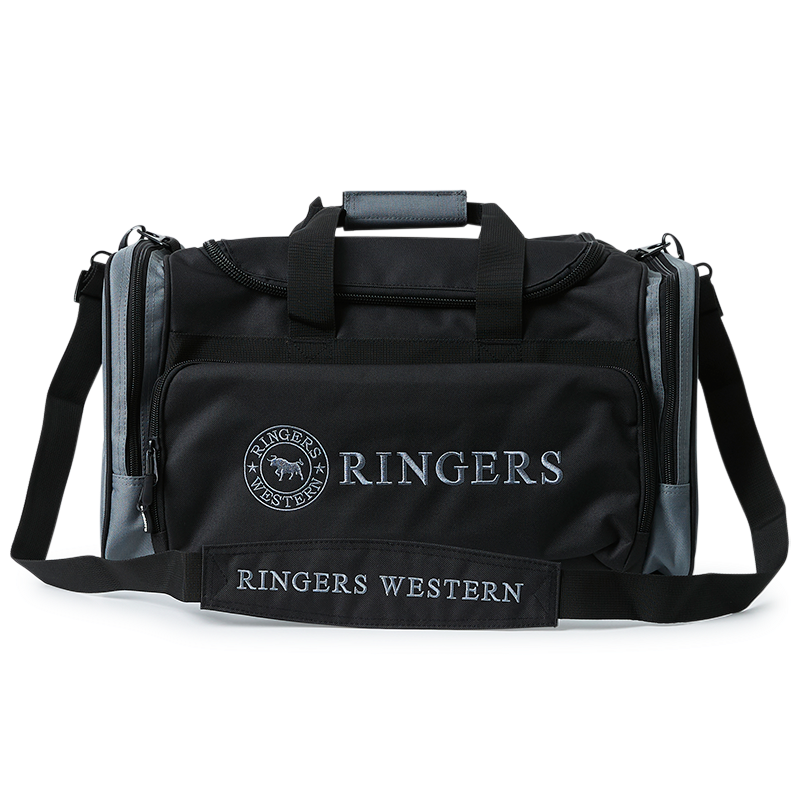 A black and charcoal Ringers Western Rider Go Sports Bag (625130RW) duffel bag with 'RINGERS' printed in charcoal on the front and 'RINGERS WESTERN' on the side, shown on a plain white background.