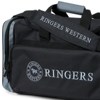 A black and charcoal Ringers Western Rider Go Sports Bag (625130RW) duffel bag with 'RINGERS' printed in charcoal on the front and 'RINGERS WESTERN' on the side, shown on a plain white background.