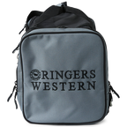 An end view of a black and charcoal Ringers Western Rider Go Sports Bag (625130RW) duffel bag with 'RINGERS' printed in black on the end pocket, shown on a plain white background.
