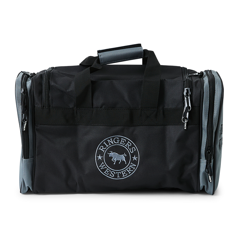 A back view of a black and charcoal Ringers Western Rider Go Sports Bag (625130RW) duffel bag with 'RINGERS' printed in charcoal, shown on a plain white background.
