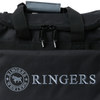 A close up front view of a black and charcoal Ringers Western Rider Go Sports Bag (625130RW) duffel bag with 'RINGERS' printed in charcoal on the front, shown on a plain white background.