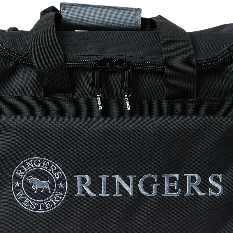A close up front view of a black and charcoal Ringers Western Rider Go Sports Bag (625130RW) duffel bag with 'RINGERS' printed in charcoal on the front, shown on a plain white background.