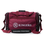 A burgundy and black Ringers Western Rider Go Sports Bag (625130RW) duffel bag with white 'Ringers' branding, featuring dual top handles, a front zippered pocket, and a side pocket.