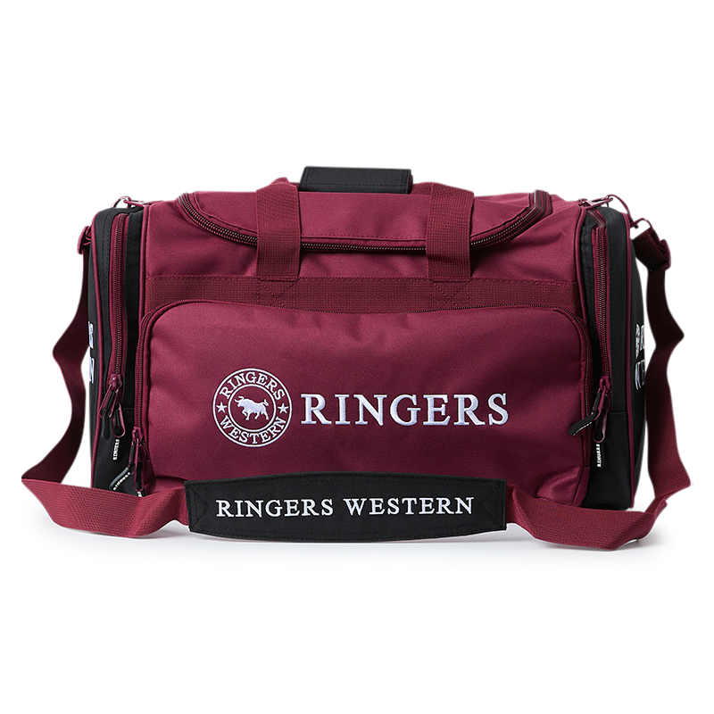 A burgundy and black Ringers Western Rider Go Sports Bag (625130RW) duffel bag with white 'Ringers' branding, featuring dual top handles, a front zippered pocket, and a side pocket.