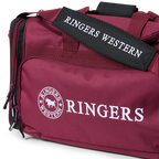 A burgundy and black Ringers Western Rider Go Sports Bag (625130RW) duffel bag with white 'Ringers' branding, featuring dual top handles, shoulder strap, a front zippered pocket, and side pockets.