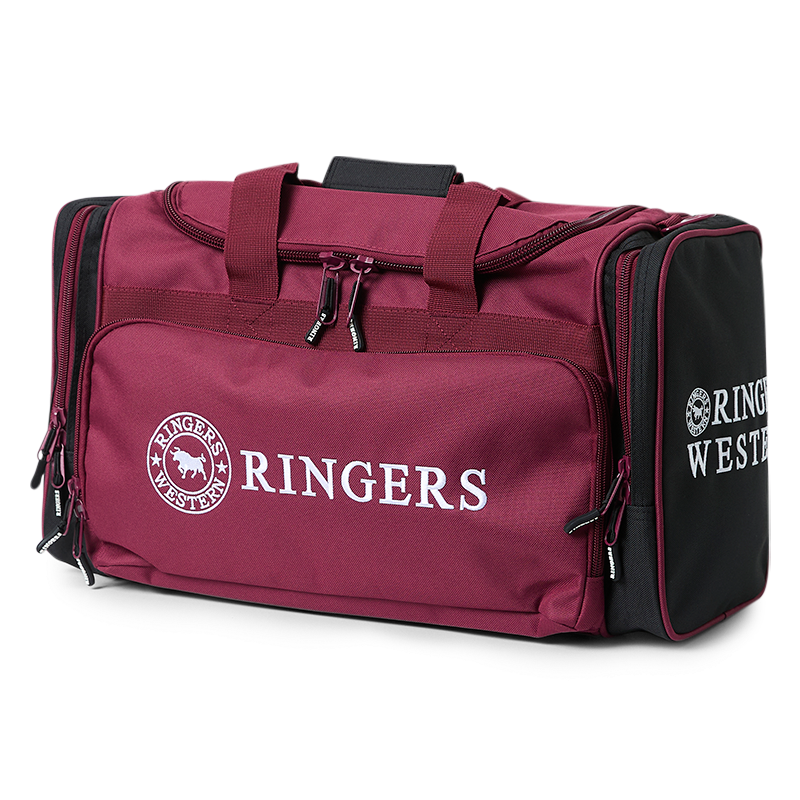 A burgundy and black Ringers Western Rider Go Sports Bag (625130RW) duffel bag with white 'Ringers' branding, featuring dual top handles, a front zippered pocket, and a side pocket.