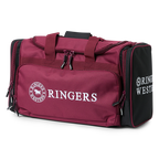 A burgundy and black Ringers Western Rider Go Sports Bag (625130RW) duffel bag with white 'Ringers' branding, featuring dual top handles, a front zippered pocket, and a side pocket.