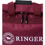 A close up of the handle and zip detail on a burgundy and black Ringers Western Rider Go Sports Bag (625130RW) duffel bag with white 'Ringers' branding on a white background.