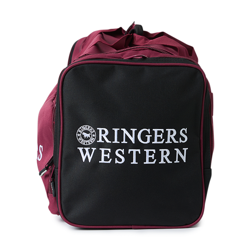An end view of a burgundy and black Ringers Western Rider Go Sports Bag (625130RW) duffel bag with white 'Ringers' branding on a white background.