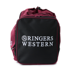 An end view of a burgundy and black Ringers Western Rider Go Sports Bag (625130RW) duffel bag with white 'Ringers' branding on a white background.