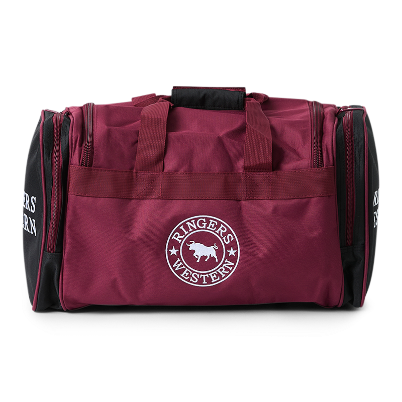 A back view of a burgundy and black Ringers Western Rider Go Sports Bag (625130RW) duffel bag with white 'Ringers' branding, featuring dual top handles, a side zippered pockets, on a white background.