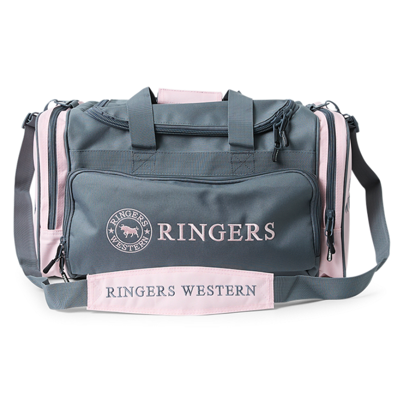 A Ringers Western Rider Go Sports Bag (625130RW) duffel bag in charcoal and pastel pink, featuring the brand logo on the front and side, with top carry handles and zippered compartments on a white background.