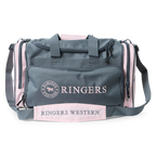 A Ringers Western Rider Go Sports Bag (625130RW) duffel bag in charcoal and pastel pink, featuring the brand logo on the front and side, with top carry handles and zippered compartments on a white background.