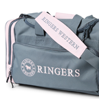 A Ringers Western Rider Go Sports Bag (625130RW) duffel bag in charcoal and pastel pink, featuring the brand logo on the front and side, with top carry handles and shoulder strap with 'Ringers Western' and zippered compartments on a white background.