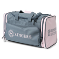 A Ringers Western Rider Go Sports Bag (625130RW) duffel bag in charcoal and pastel pink, featuring the brand logo on the front and side, with top carry handles and zippered compartments on a white background.