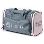 A Ringers Western Rider Go Sports Bag (625130RW) duffel bag in charcoal and pastel pink, featuring the brand logo on the front and side, with top carry handles and zippered compartments on a white background.