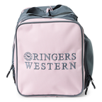An end view of a Ringers Western Rider Go Sports Bag (625130RW) duffel bag in charcoal and pastel pink, featuring the brand logo and name, with top carry handles and zippered compartments on a white background.
