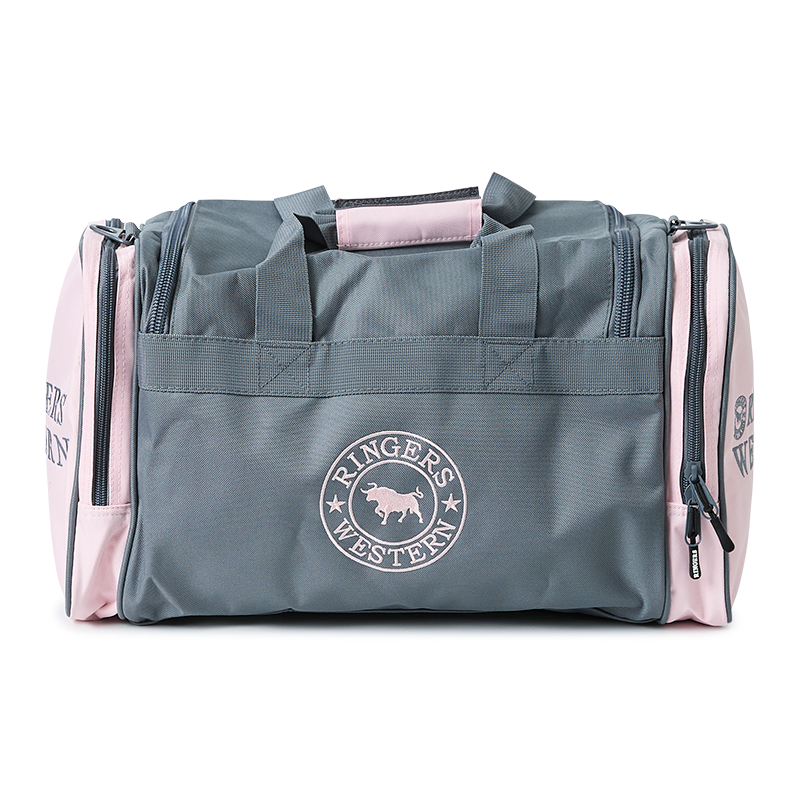 A back view of a Ringers Western Rider Go Sports Bag (625130RW) duffel bag in charcoal and pastel pink, featuring the brand logo, with top carry handles and zippered compartments on a white background.