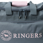 A close up of a Ringers Western Rider Go Sports Bag (625130RW) duffel bag in charcoal and pastel pink, featuring the brand logo on the front, showing carry handle and zip detail on a white background.